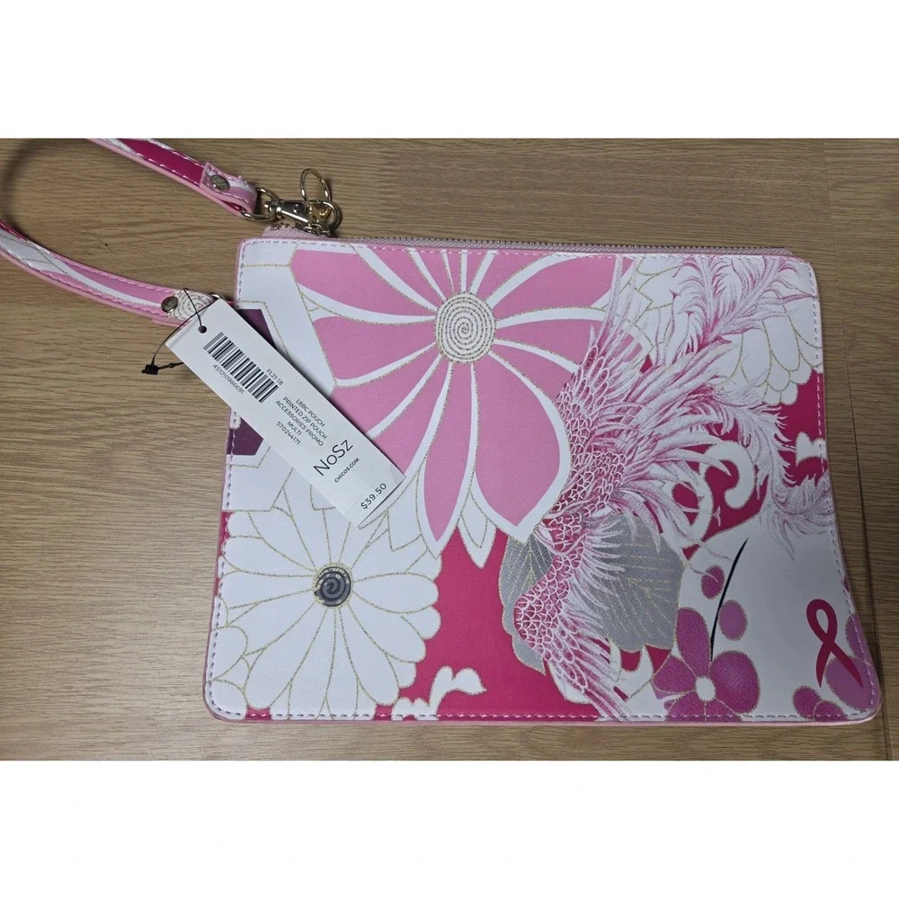 NWT‎ Chico's Pouch Zipper Breast Cancer Pink Wristlet Floral Gold